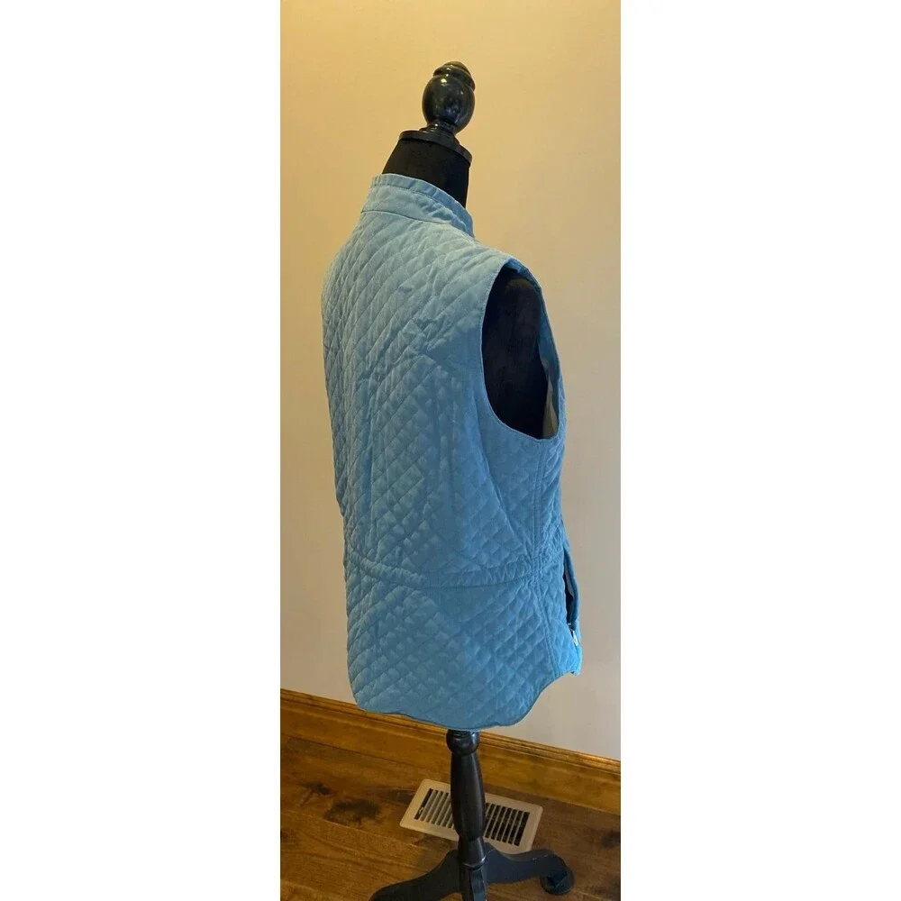 Talbots Vest Quilted Lined Size Medium Steel Blue Full Zipper Pockets Drawstring